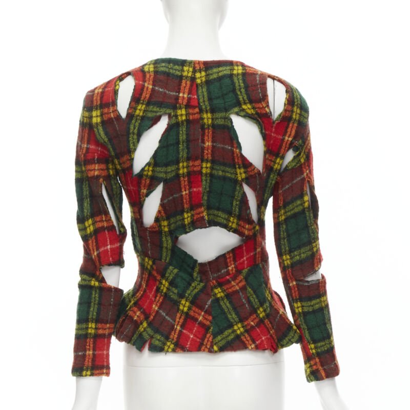 JUNYA WATANABE Vintage 1995 red punk plaid boiled wool cut out jacket S