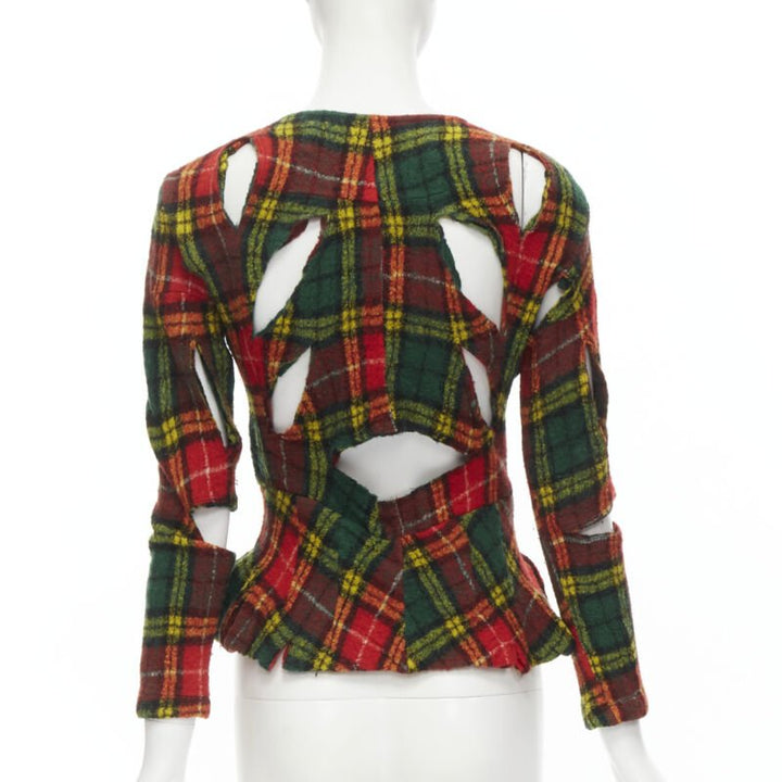 JUNYA WATANABE Vintage 1995 red punk plaid boiled wool cut out jacket S