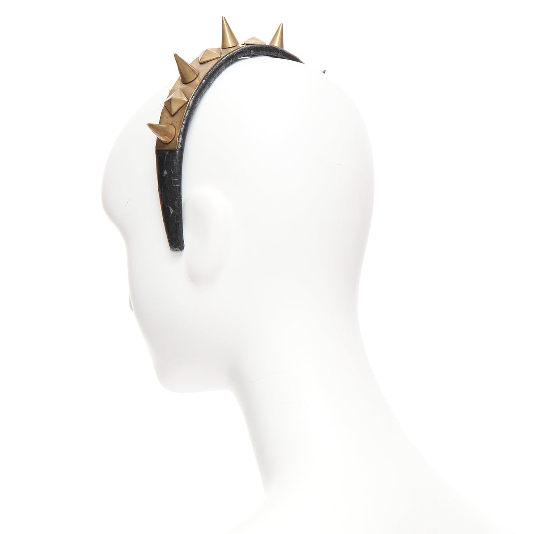 rare GIVENCHY Riccardo Tisci antique gold spike black leather headband