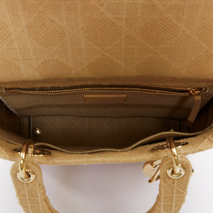 CHRISTIAN DIOR Lady D-Lite Medium Cannage beige canvas CD charm top handle bag