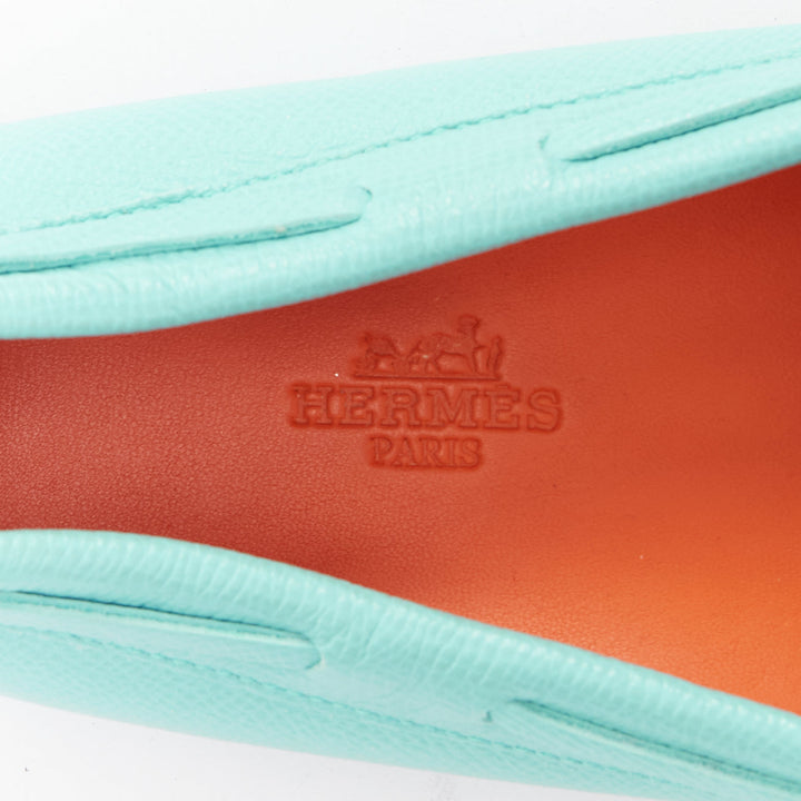 HERMES Irving cyan blue leather silver stud driving loafers EU35.5