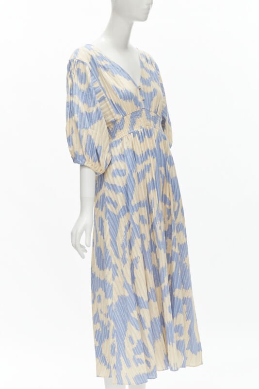 DIANE VON FURSTENBERG beige blue print lattice embroidery puff sleeve dress US8
