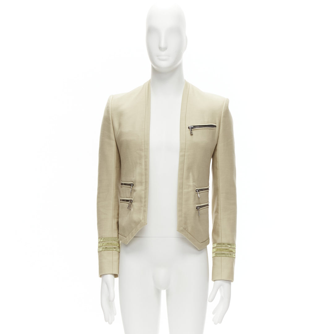 BALMAIN beige cotton military gold trim zippers cropped fitted jacket EU46 S