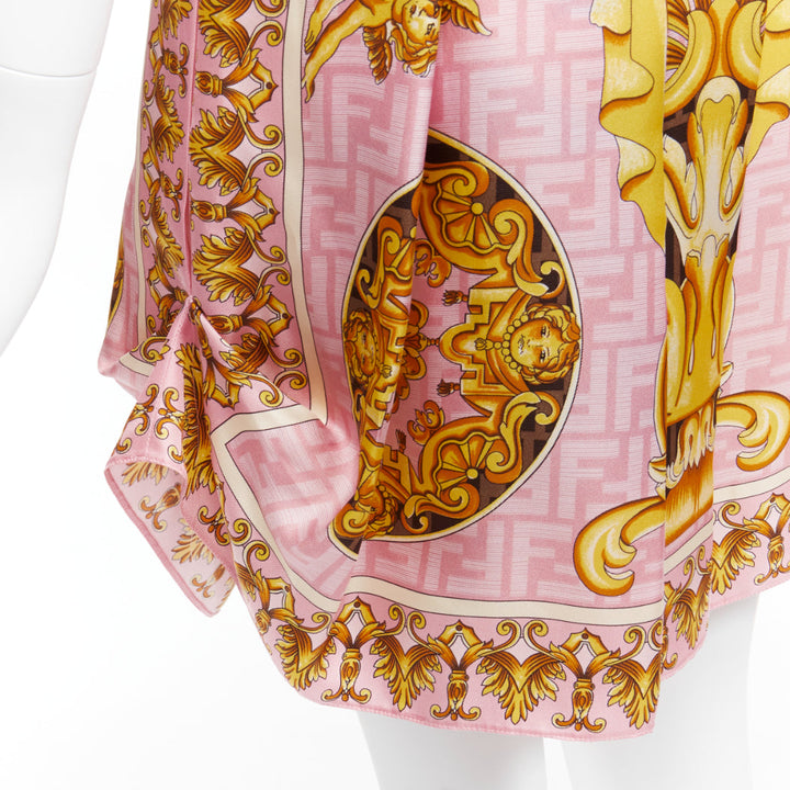 FENDACE FENDI VERSACE 2022 Runway pink gold baroque Zucca drape skirt IT42 M