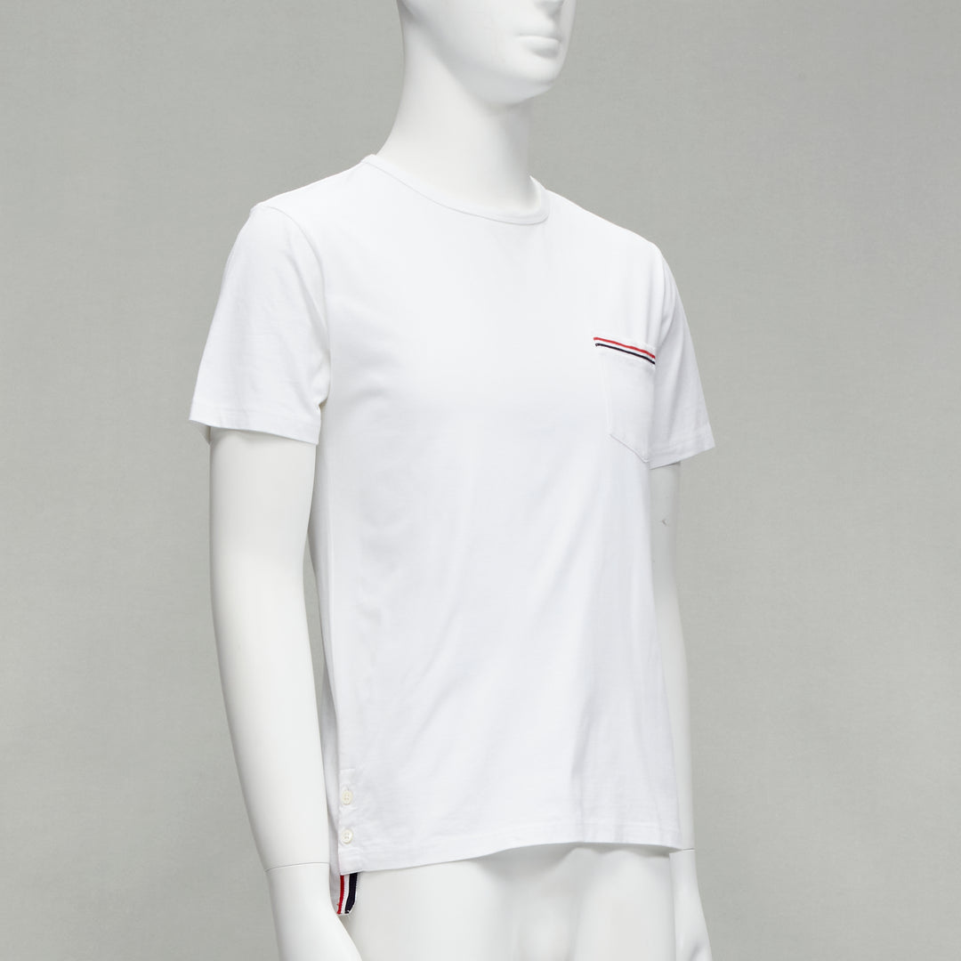 THOM BROWNE iconic stripes patch pocket white cotton tshirt Sz. 1 S
