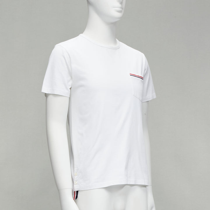 THOM BROWNE iconic stripes patch pocket white cotton tshirt Sz. 1 S