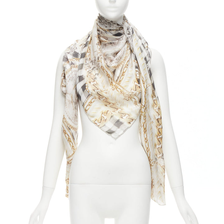 BALMAIN cream modal cashmere chain check tromp loeil print scarf