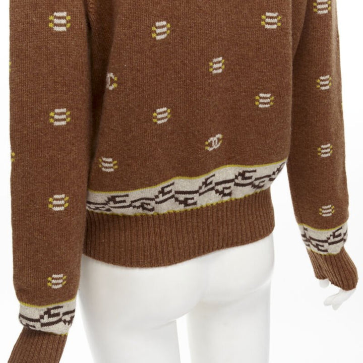 CHANEL 95% cashmere brown yellow CC logo intarsia turtleneck sweater FR42 XL