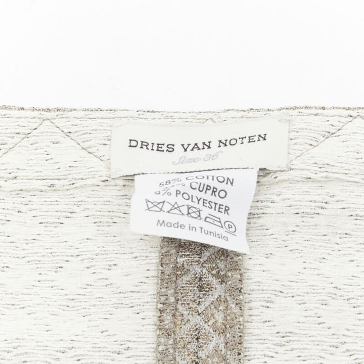 DRIES VAN NOTEN gold coated jacquard cotton belted knee lnegth skirt FR36 S