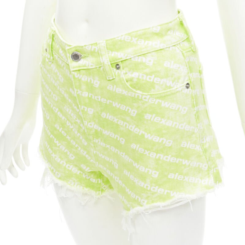 ALEXANDER WANG Bite High Rise green logo print cut off denim shorts 24"