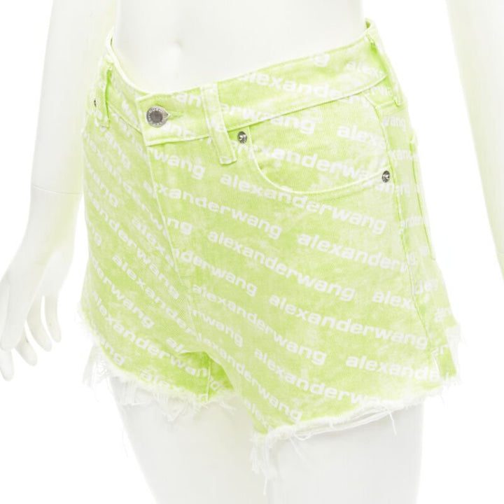 ALEXANDER WANG Bite High Rise green logo print cut off denim shorts 24"