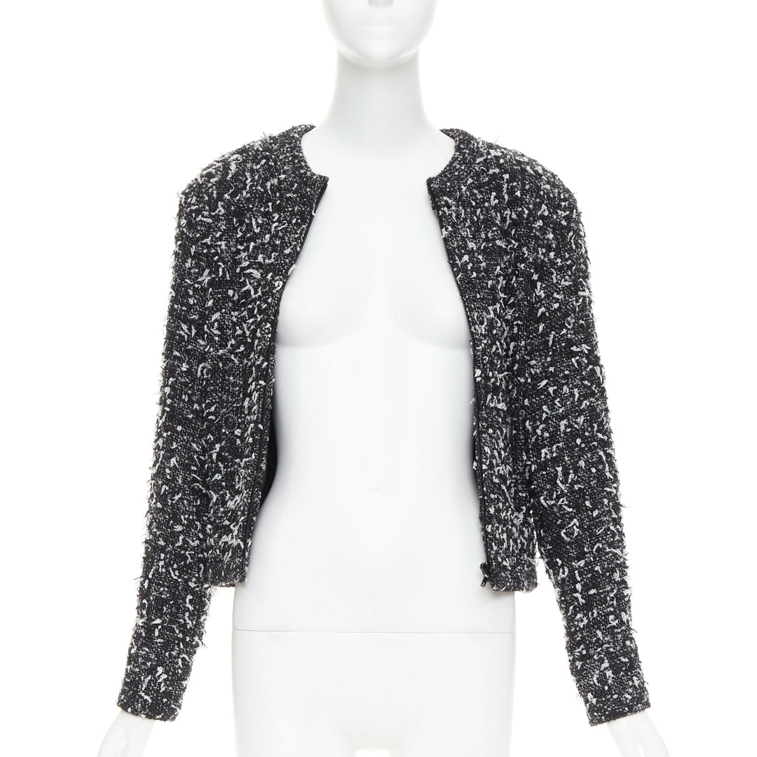 CHANEL 2019 speckle black white tweed collarless CC buttons jacket FR34 XS