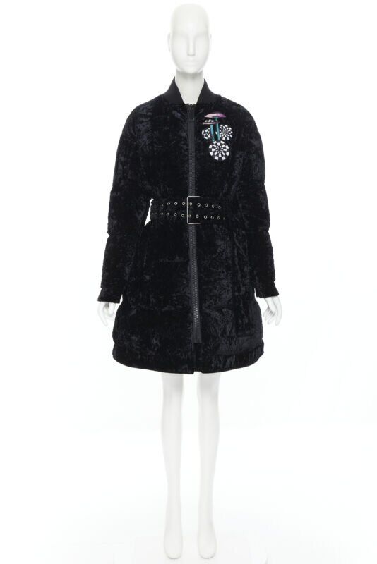 VERSUS VERSACE embroidery black crushed velvet belted puffer jacket IT38