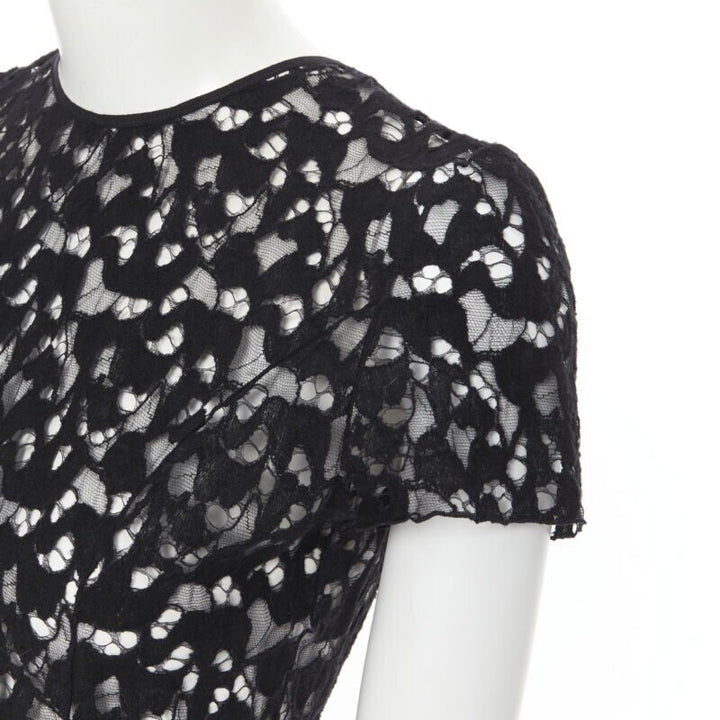 NINA RICCI black sheer lace cap sleeve zip back T-shirt top FR40 XS