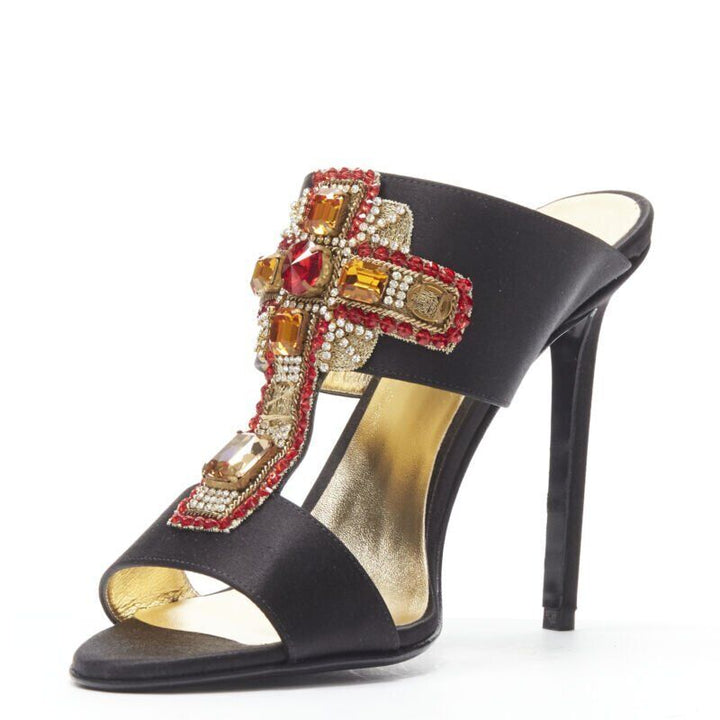 VERSACE 2018 Tribute Byzantine Cross Jewel crystal black satin sandals EU38