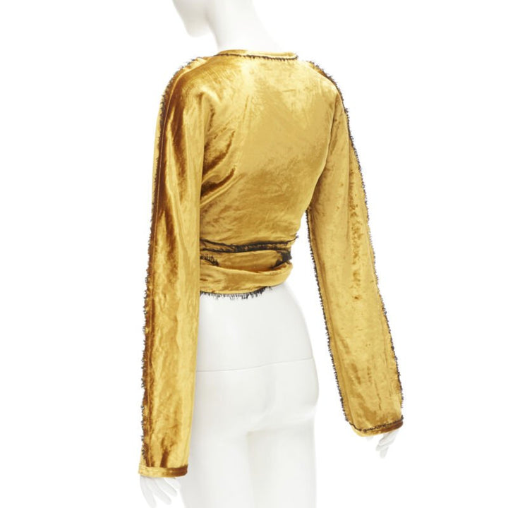 SID NEIGUM gold velvet black frayed seams wrap kimono robe jacket US2 S