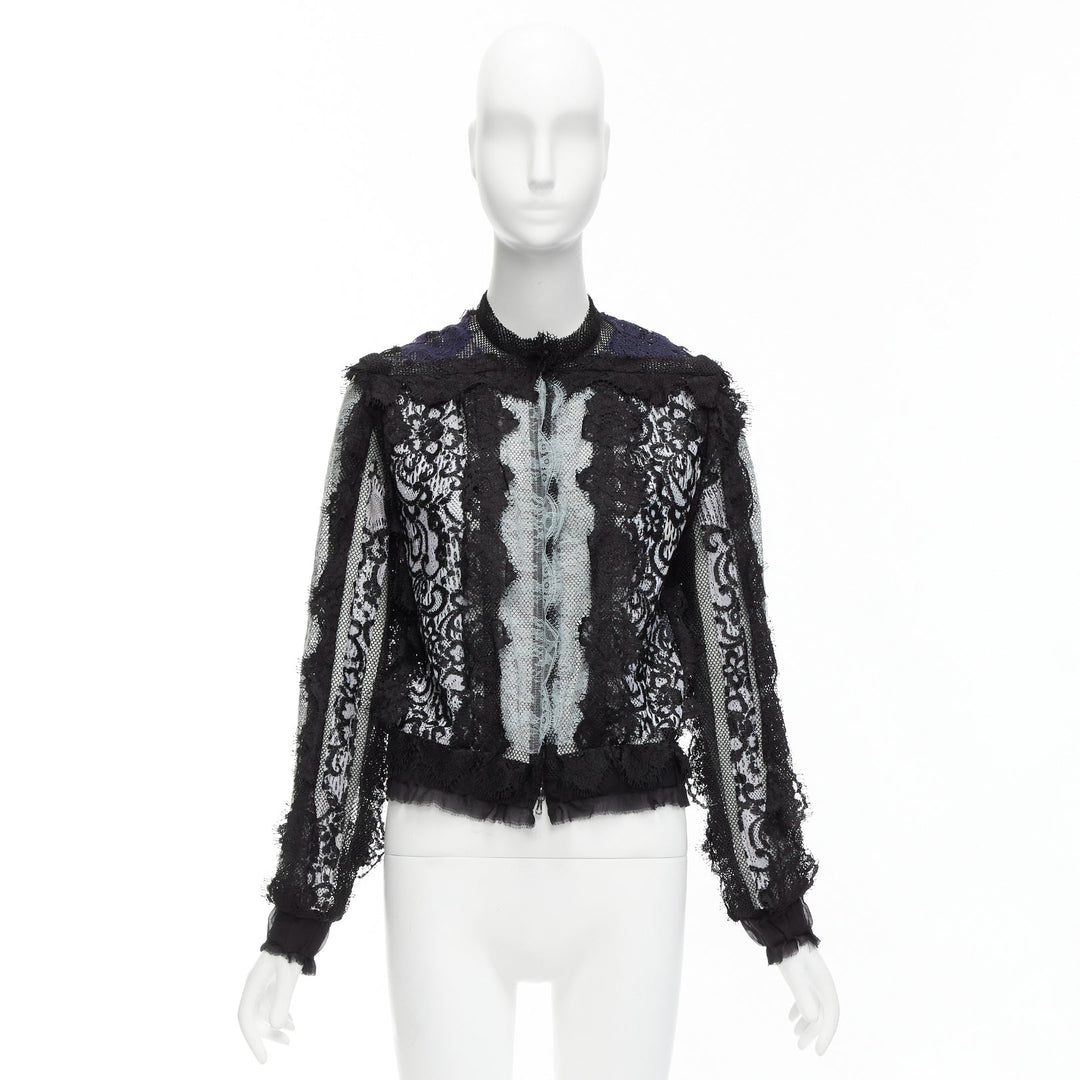 LANVIN blue black intricate lace panels sheer long sleeve jacket FR34 XS