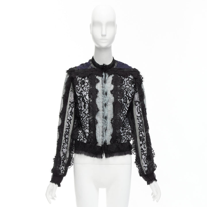LANVIN blue black intricate lace panels sheer long sleeve jacket FR34 XS