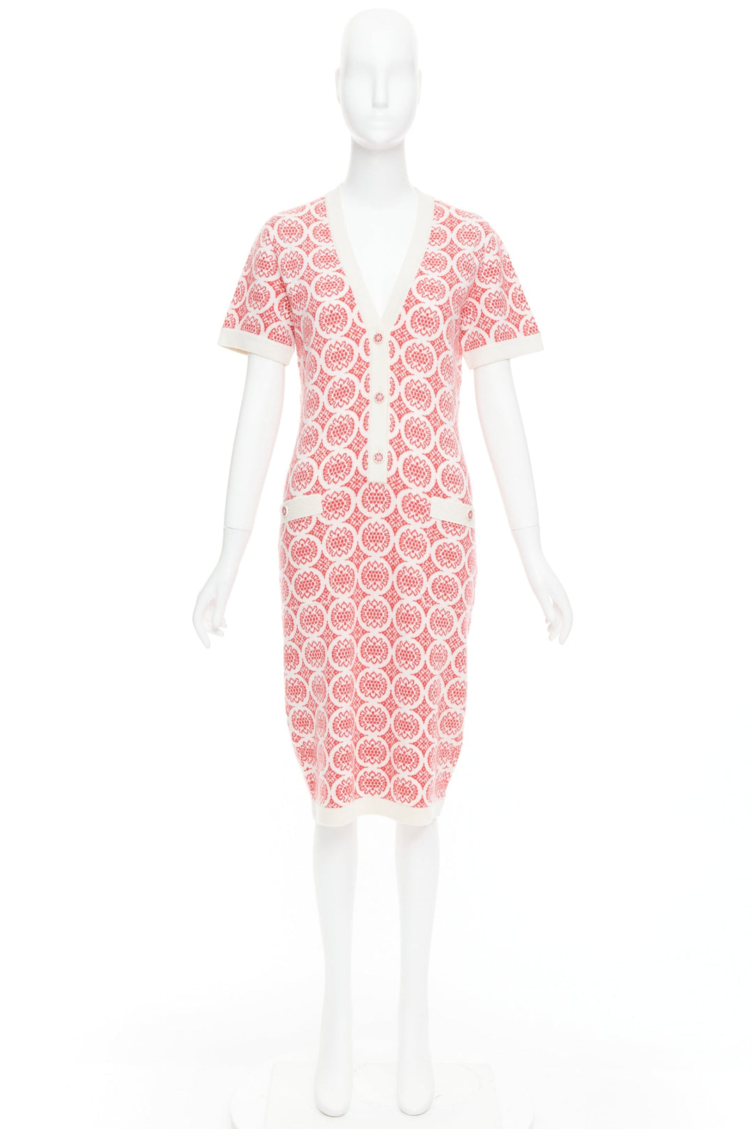 CHANEL 100% cashmere pink cream CC button pattern dress FR38 M