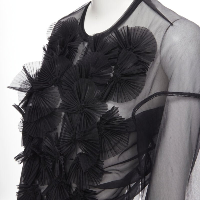 vintage COMME DES GARCONS 1990 black pleated fan ruffle sheer top S