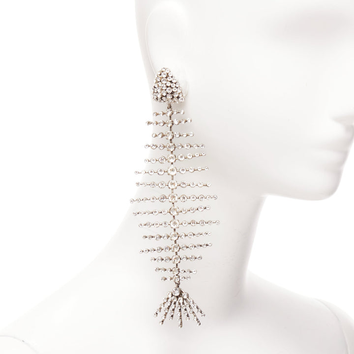 SAINT LAURENT clear crystal spiral fish bone dangling clip on earrings