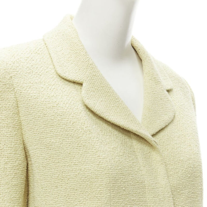 CHANEL 98C Vintage pastel yellow tweed CC button long jacket FR42 L