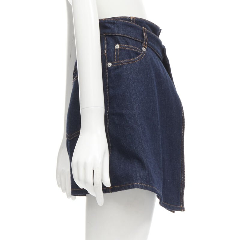 ALEXANDER MCQUEEN blue denim double waistband logo patch layered shorts 24"