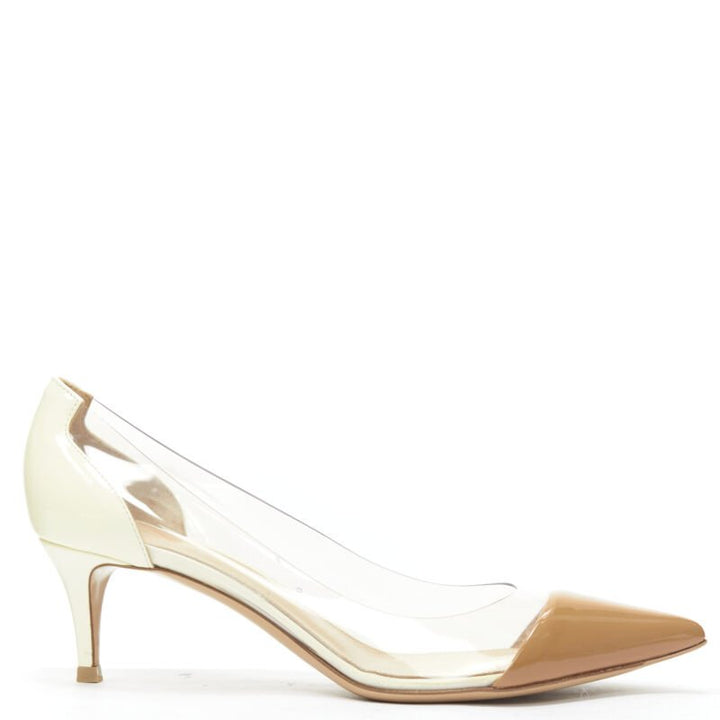 GIANVITO ROSSI Plexi Vernice Powder cream patent PVC nude toe cap heel EU37.5