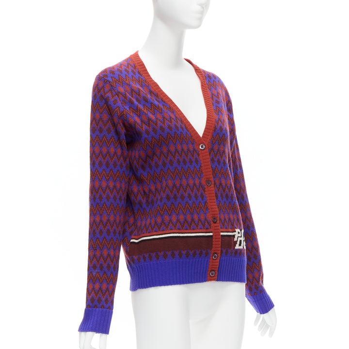 PRADA 2018 purple wool cashmere racing logo chevron intarsia cardigan IT38 XS