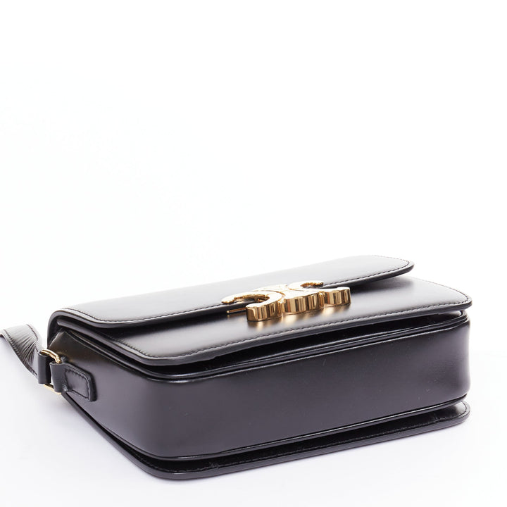 CELINE Teen Triomphe black shiny calfskin gold anagram logo crossbody bag