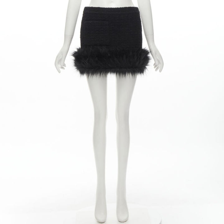 SAINT LAURENT 2022 black tweed faux fur trimmed mini skirt FR34 XS
