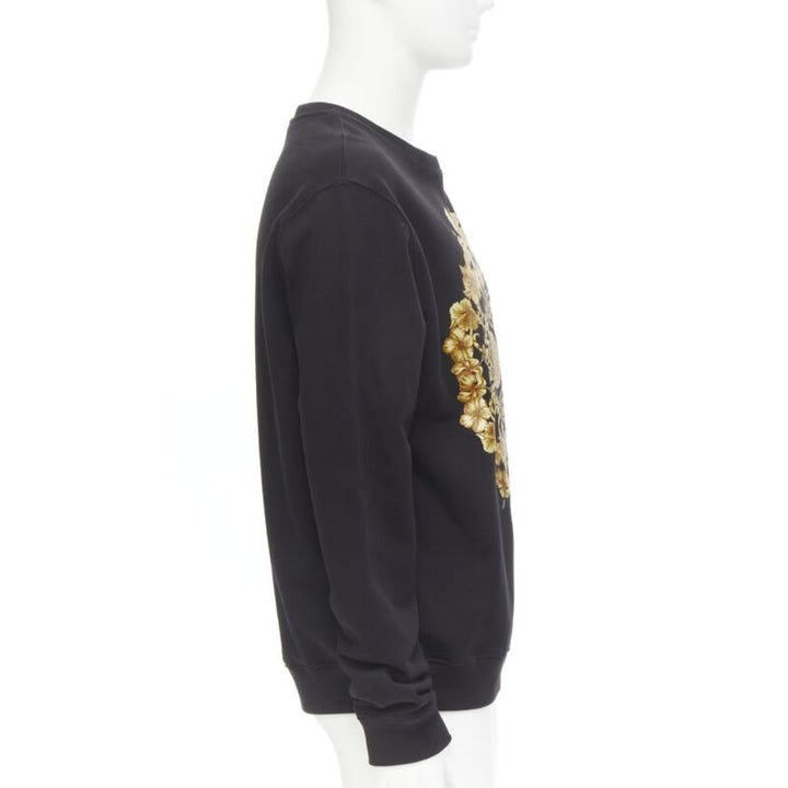 VERSACE black gold Barocco Hibiscus Medusa cotton crew sweater S
