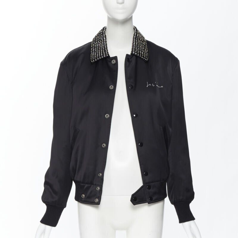 Runway SAINT LAURENT Je T'aime Teddy black crystal collar bomber jacket FR34