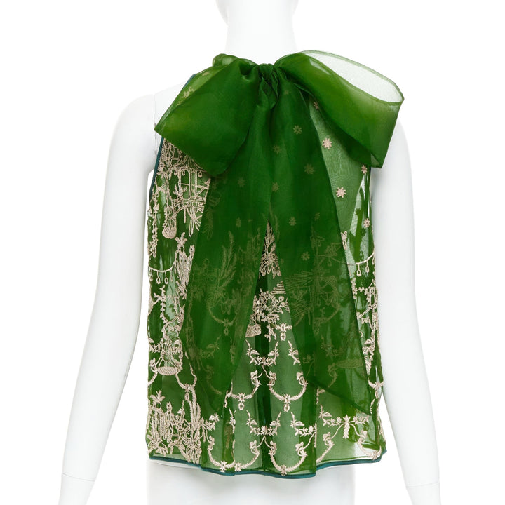 SAPTO DJOJOKARTIKO green beige oriental embroidered sheer halter top