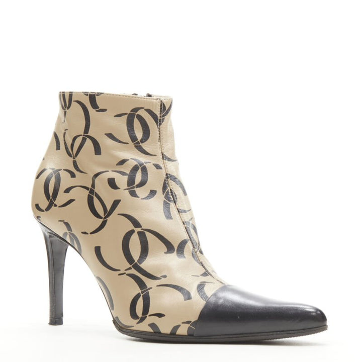 rare CHANEL 00A beige nude marked CC logo toe cap ankle bootie EU37
