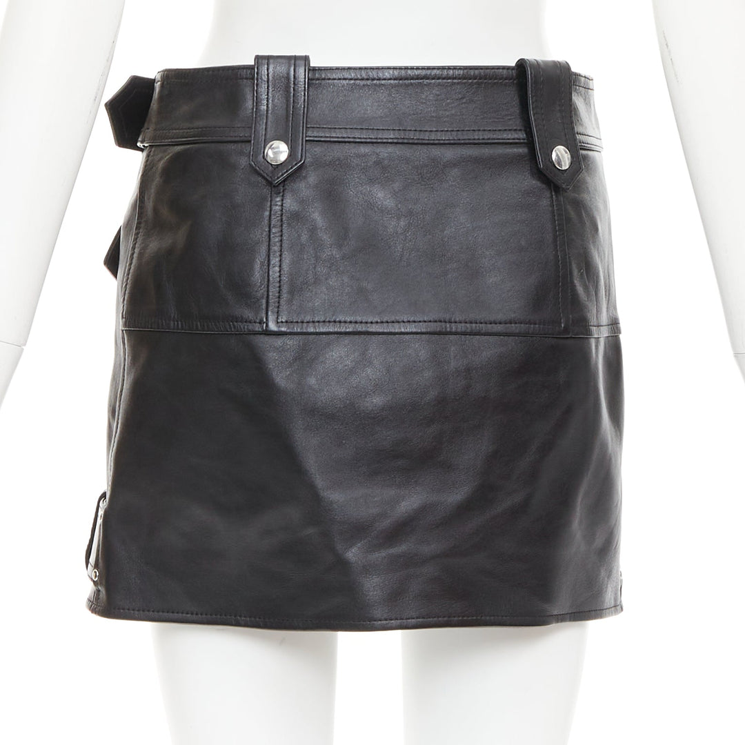 ALEXANDER MCQUEEN 2023 black cowhide leather silver biker zip skirt IT36 XXS