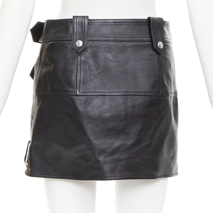 ALEXANDER MCQUEEN 2023 black cowhide leather silver biker zip skirt IT36 XXS