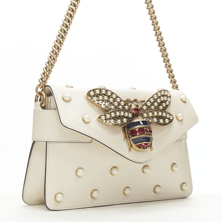 GUCCI Queen Margaret Embellished Bee pearl stud white flap crossbody bag