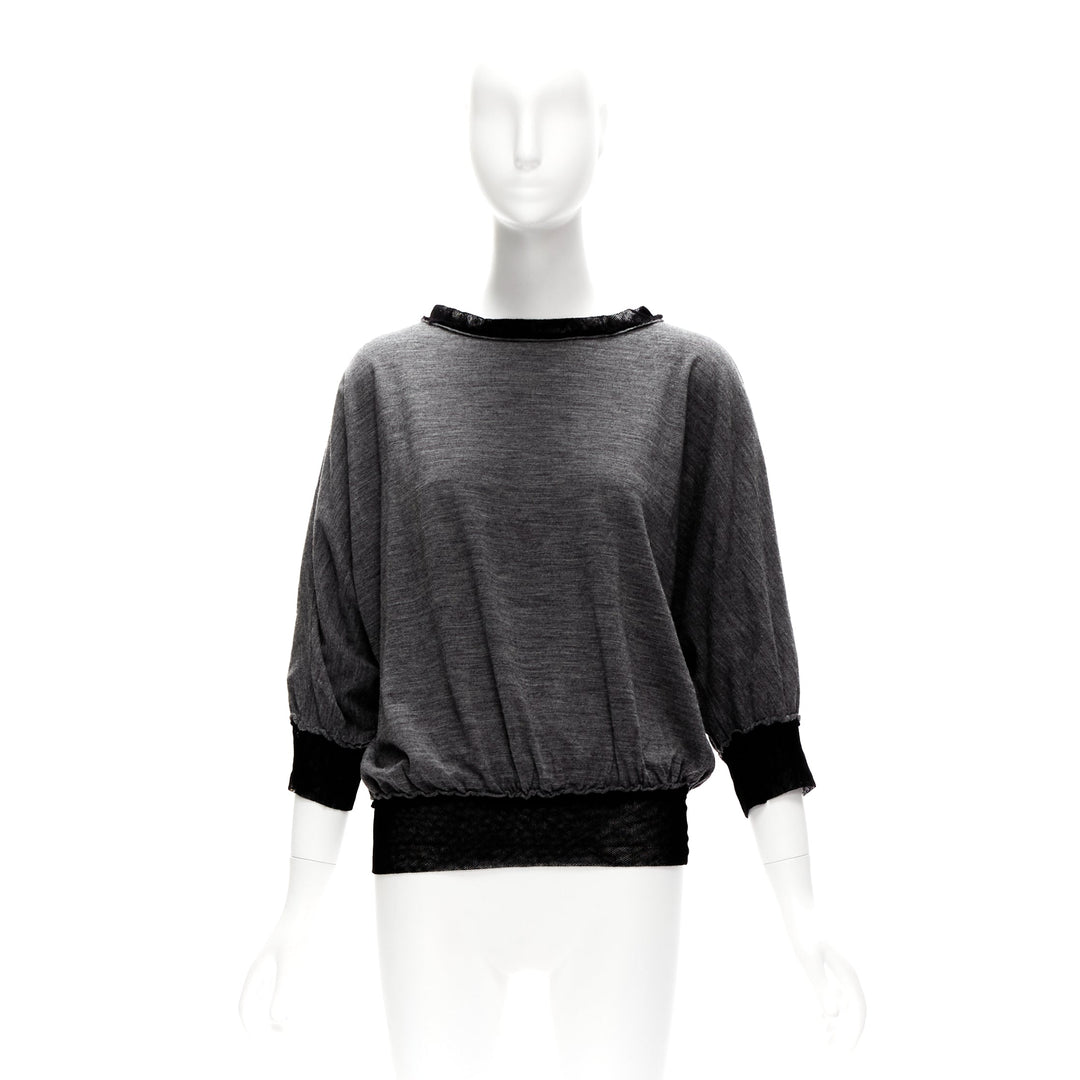 LANVIN 2005 grey wool cashmere mesh trim bateau batwing sweater FR38 M