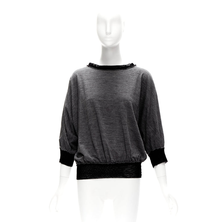 LANVIN 2005 grey wool cashmere mesh trim bateau batwing sweater FR38 M