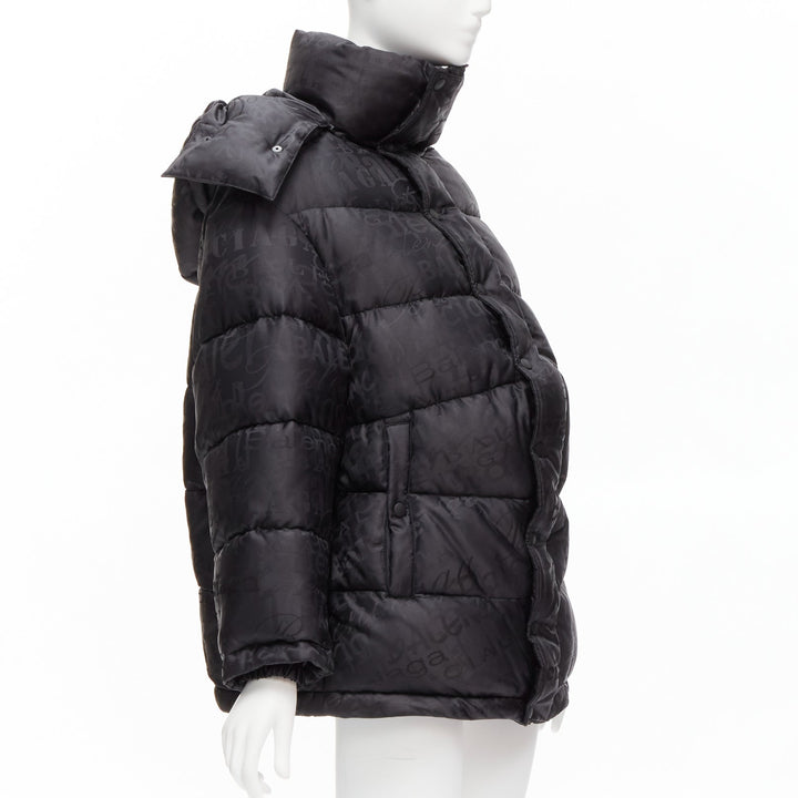 BALENCIAGA 2019 black logo jacquard Swing hooded quilted puffer coat FR36 S