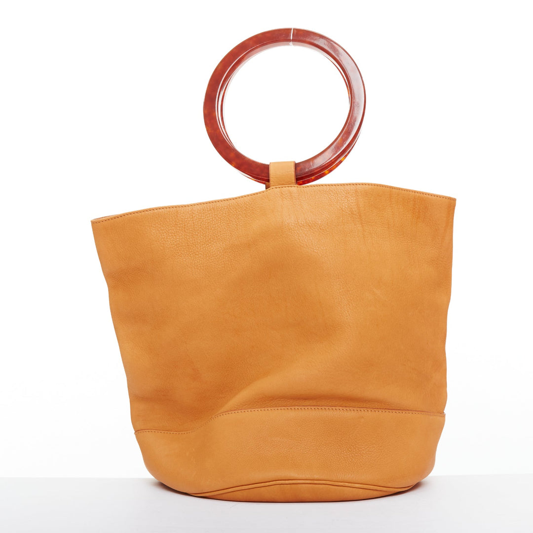 SIMON MILLER Bonsai 30 tan brown leather acrylic round handle hobo tote bag