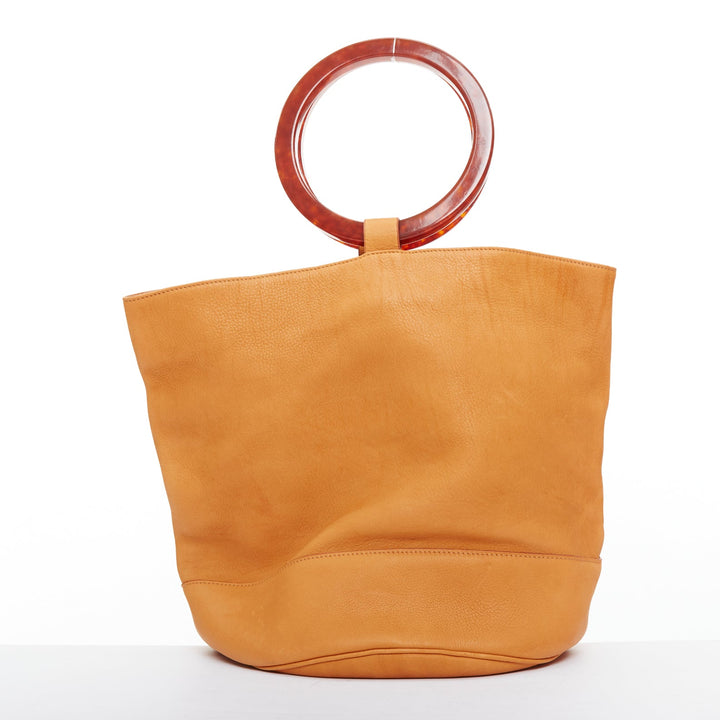 SIMON MILLER Bonsai 30 tan brown leather acrylic round handle hobo tote bag