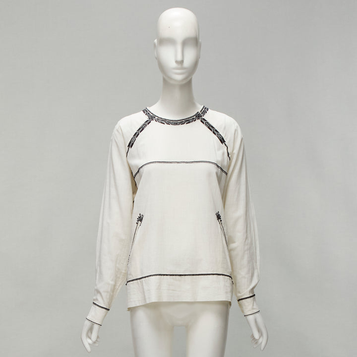 ISABEL MARANT ETOILE black embroidery cream cotton pocketed boho top FR36 S