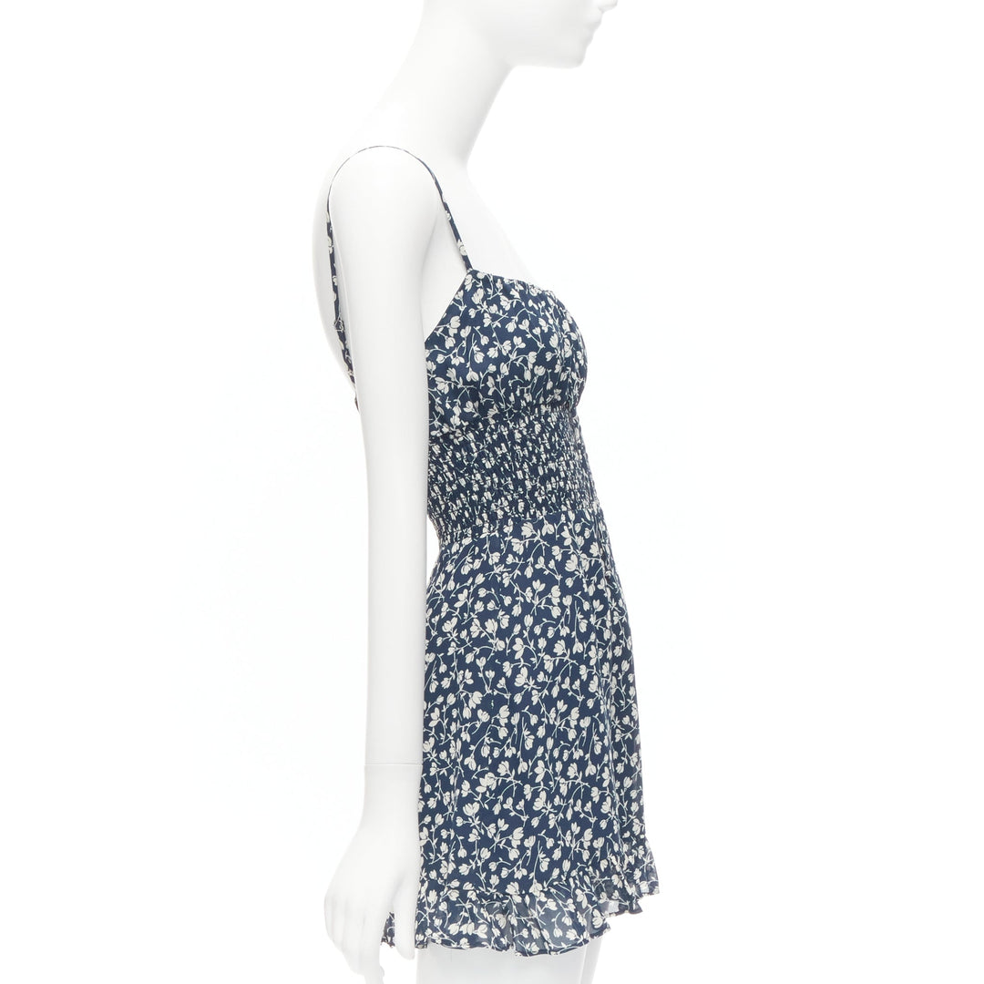 REFORMATION Elyse white navy floral print smocked bodice mini dress US2 S
