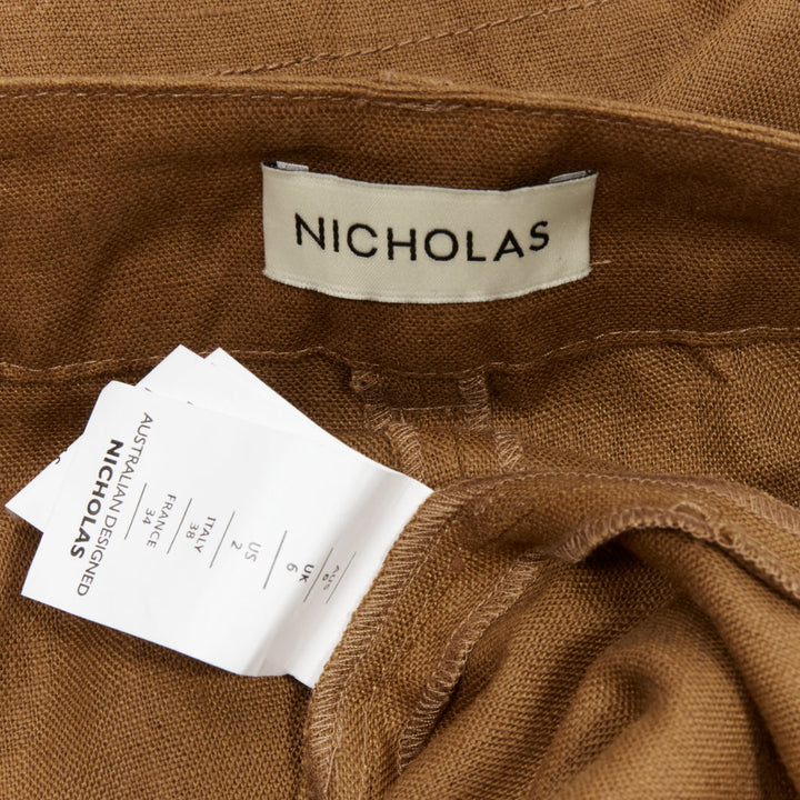 NICHOLAS brown 100% linen high waisted belt wide leg pants US6 M