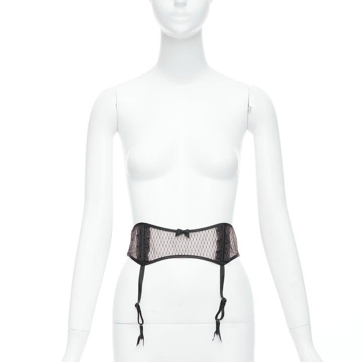 MYLA black intricate lace bow nude mesh garter belt