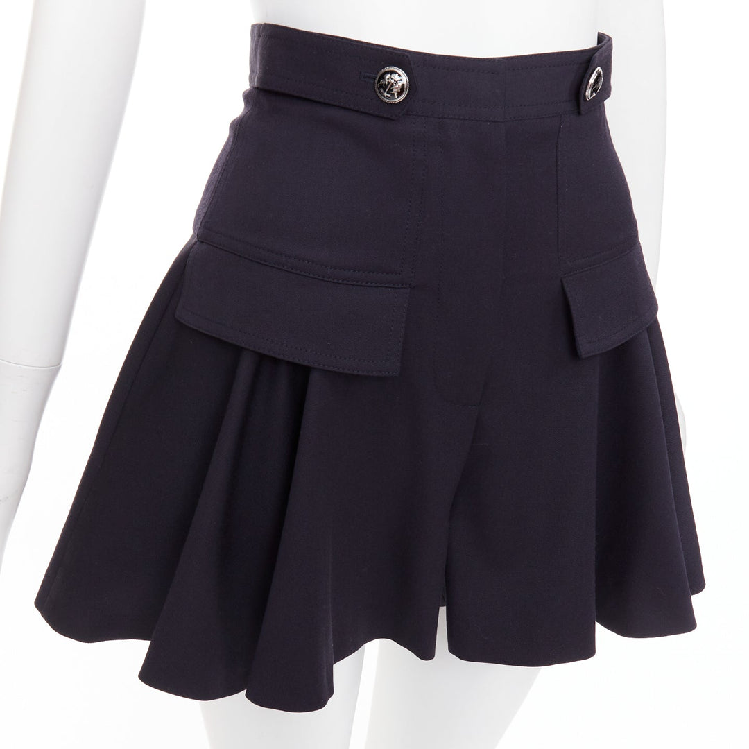 ALEXANDER MCQUEEN 2018 Cargo navy wool silk lined button side skorts IT36 XXS