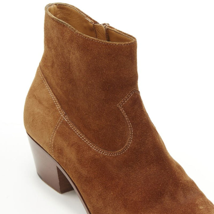 SAINT LAURENT Wyatt tan brown suede almond toe cuban bootie EU38