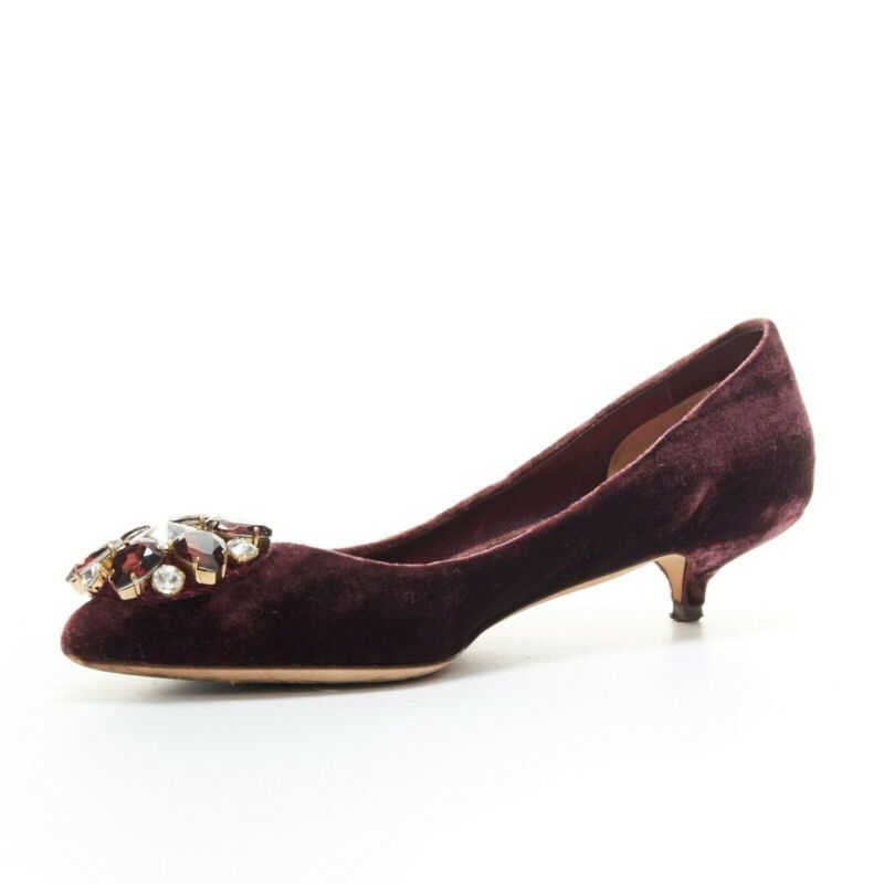 DOLCE GABBANA embellished purple velvet crystal toe kitten heel pumps EU36.5
